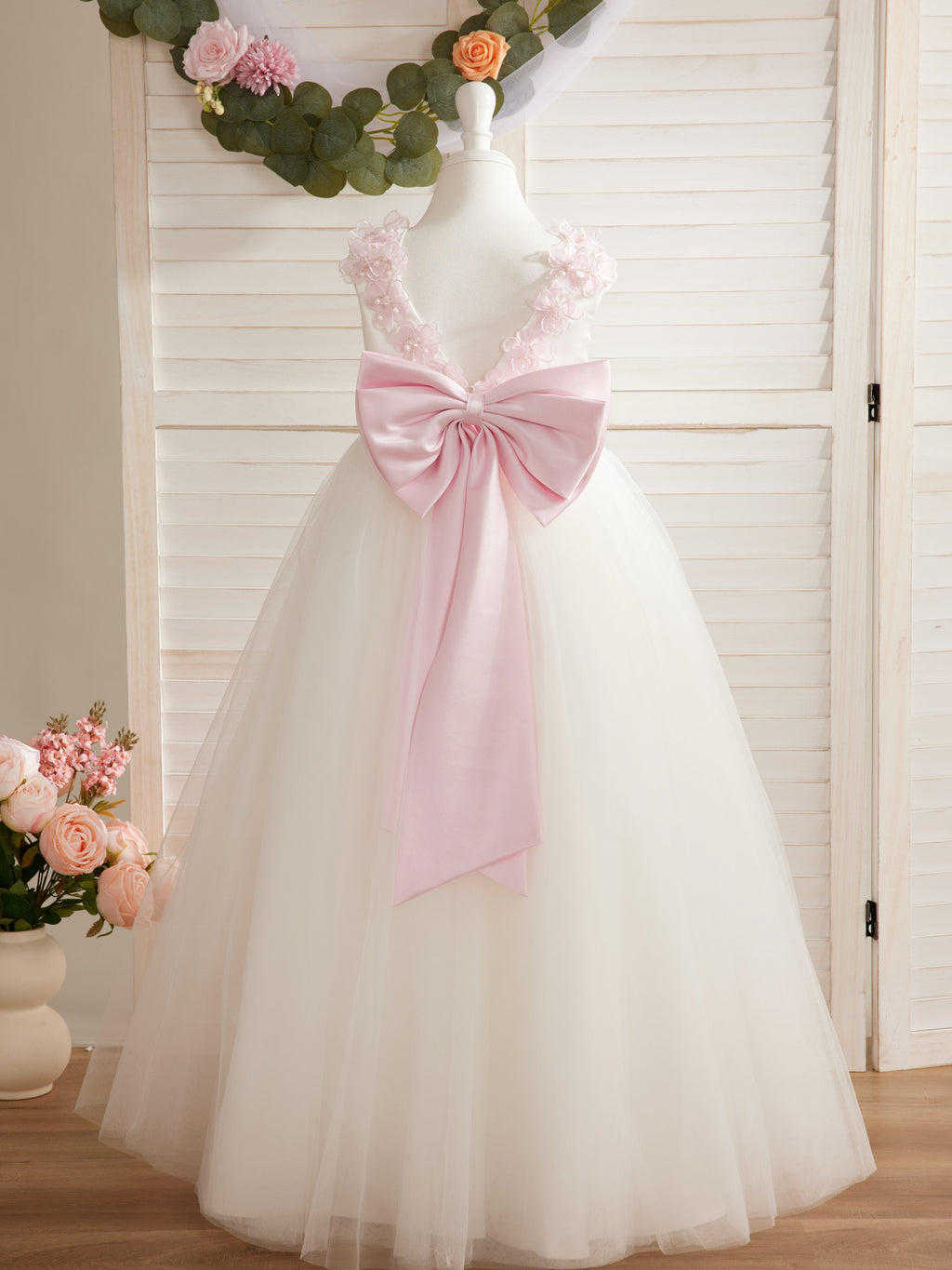 Vestido de princesa/de princesa con flores 3D de tul hasta el suelo, color marfil, para niña de las flores 