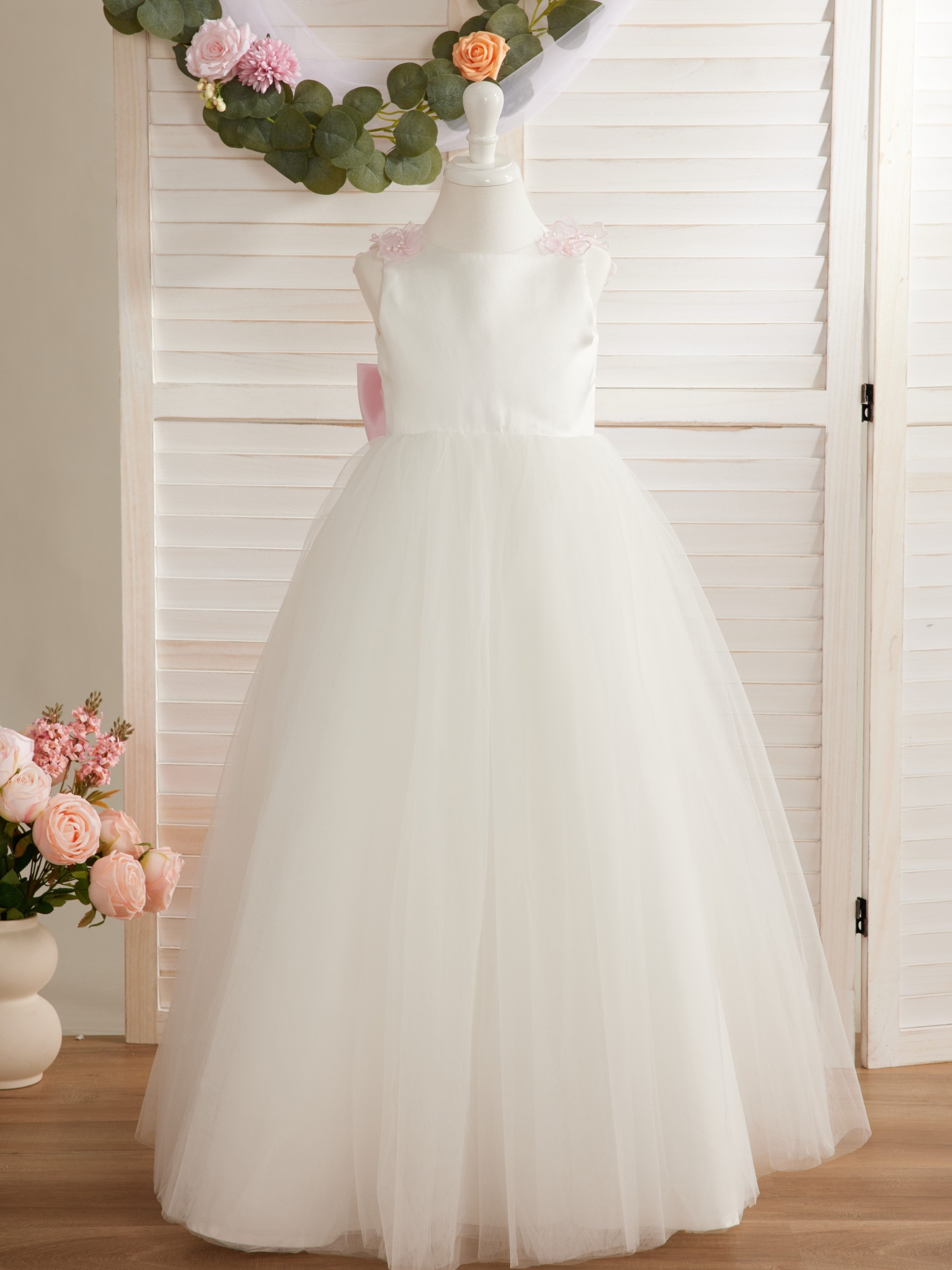 Vestido de princesa/de princesa con flores 3D de tul hasta el suelo, color marfil, para niña de las flores 