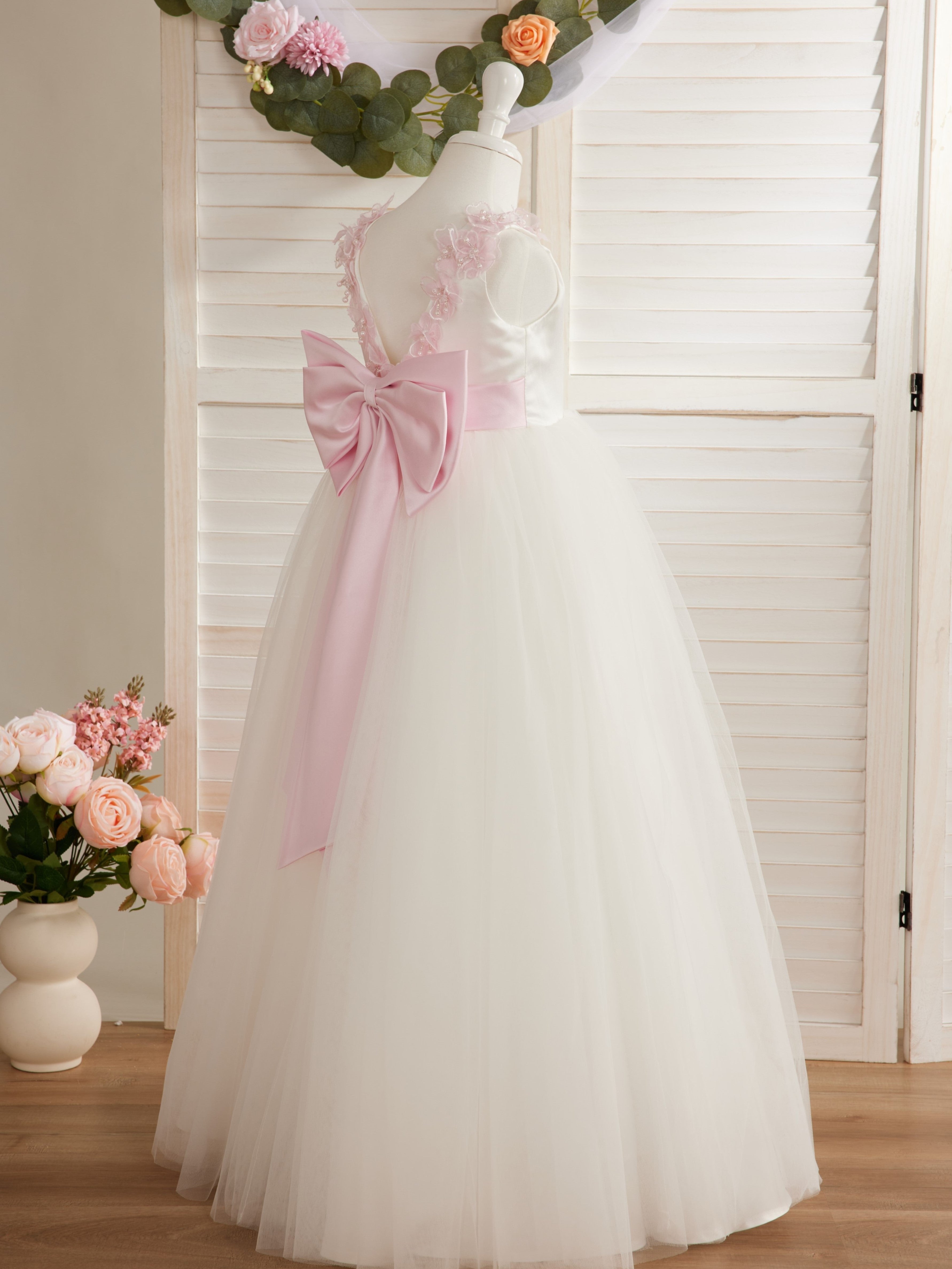 Vestido de princesa/de princesa con flores 3D de tul hasta el suelo, color marfil, para niña de las flores 