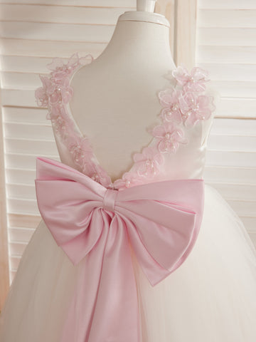 Vestido de princesa/de princesa con flores 3D de tul hasta el suelo, color marfil, para niña de las flores 