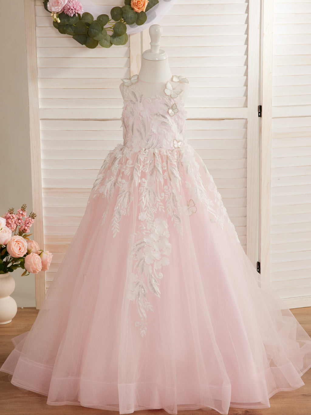 Vestido de princesa rosa para niñas con apliques de encaje 