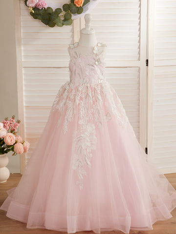 Vestido de princesa rosa para niñas con apliques de encaje 