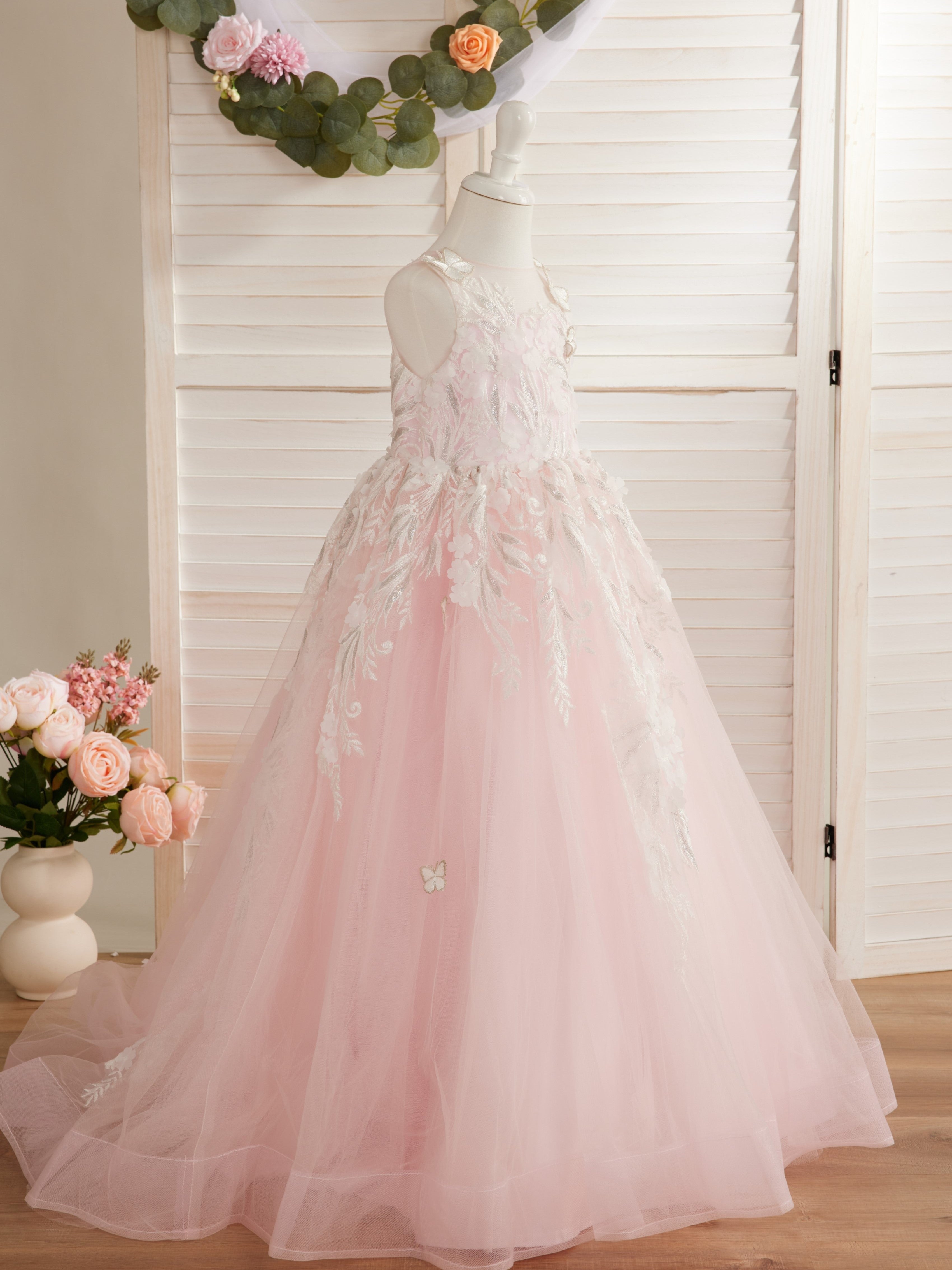 Vestido de princesa rosa para niñas con apliques de encaje 