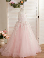 Vestido de princesa rosa para niñas con apliques de encaje 