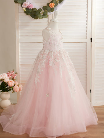 Vestido de princesa rosa para niñas con apliques de encaje 