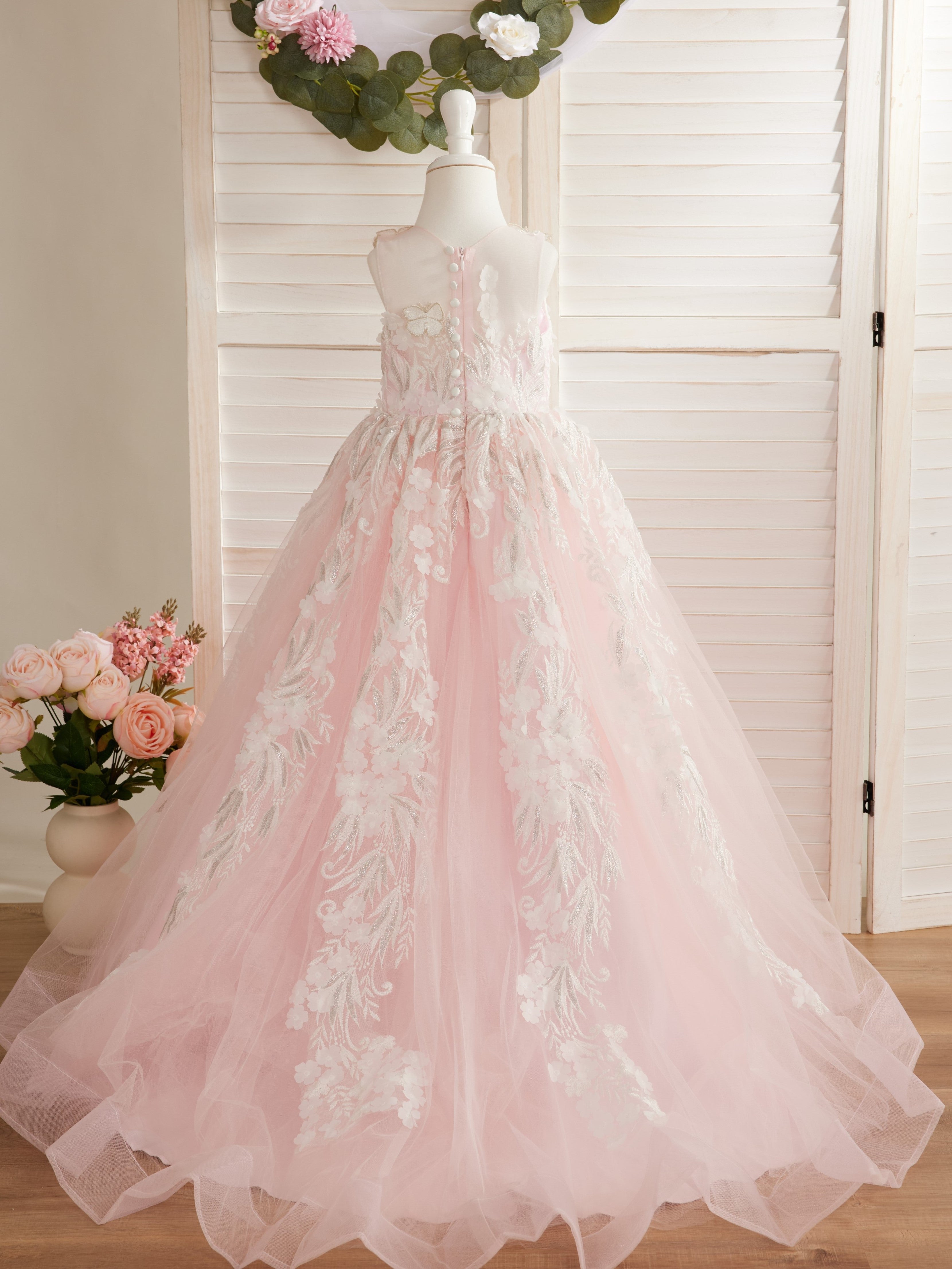 Vestido de princesa rosa para niñas con apliques de encaje 