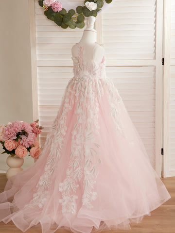 Vestido de princesa rosa para niñas con apliques de encaje 
