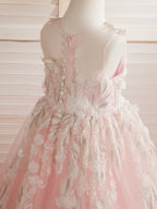Vestido de princesa rosa para niñas con apliques de encaje 