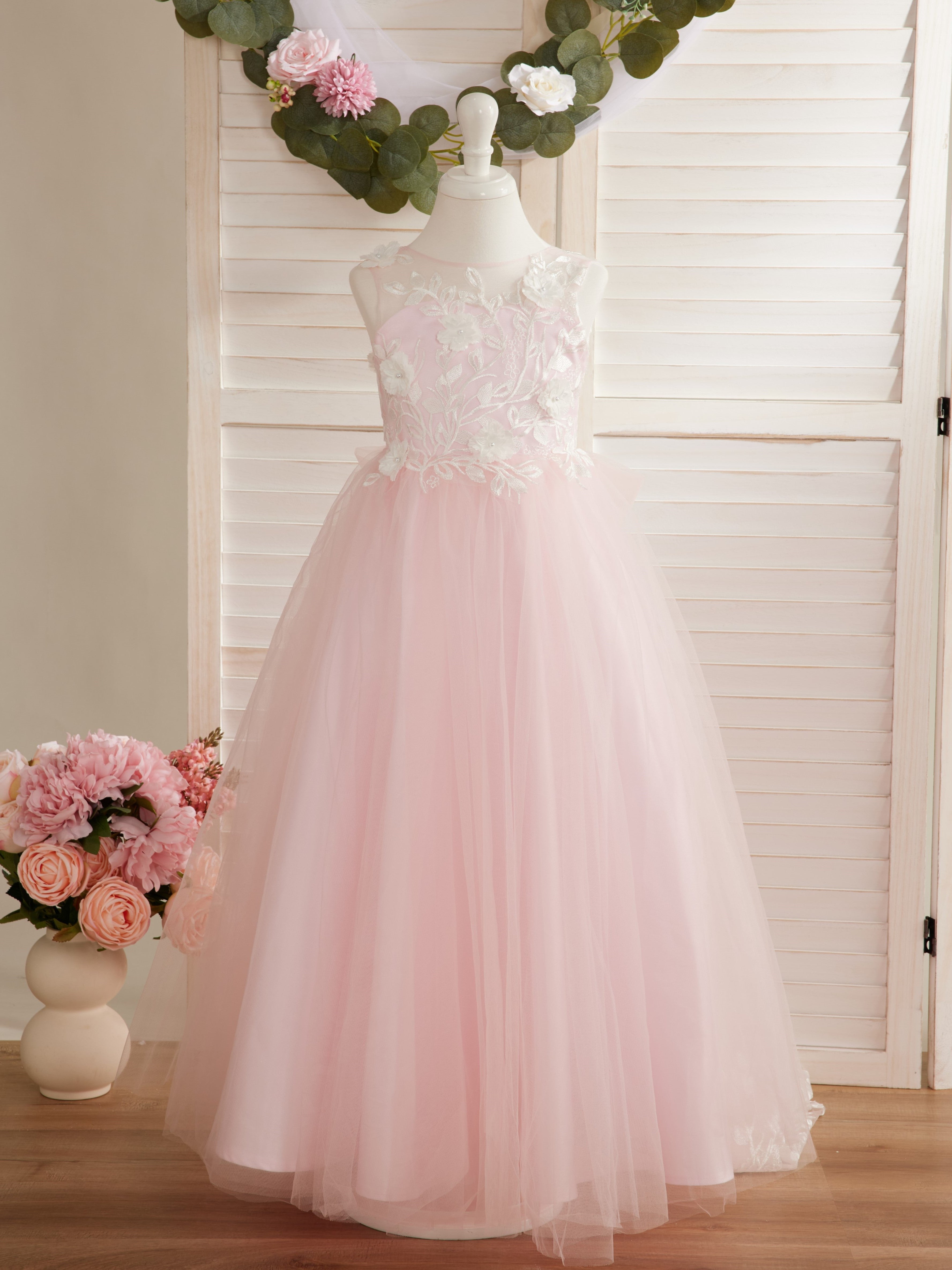 Vestido de niña de las flores sin mangas de encaje y tul con cuentas, estilo princesa de ensueño 