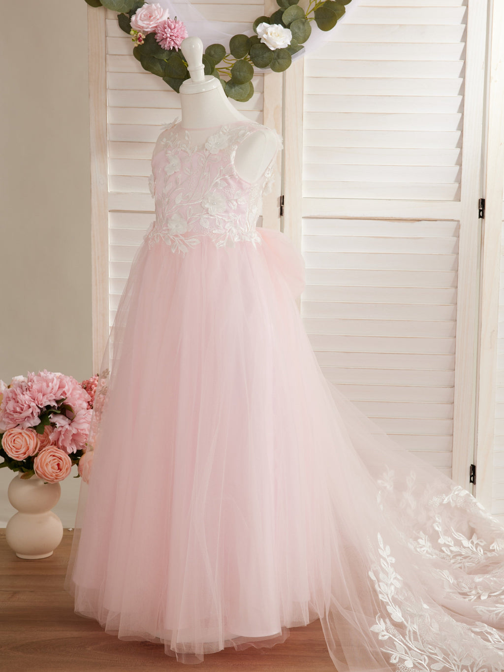 Vestido de niña de las flores sin mangas de encaje y tul con cuentas, estilo princesa de ensueño 