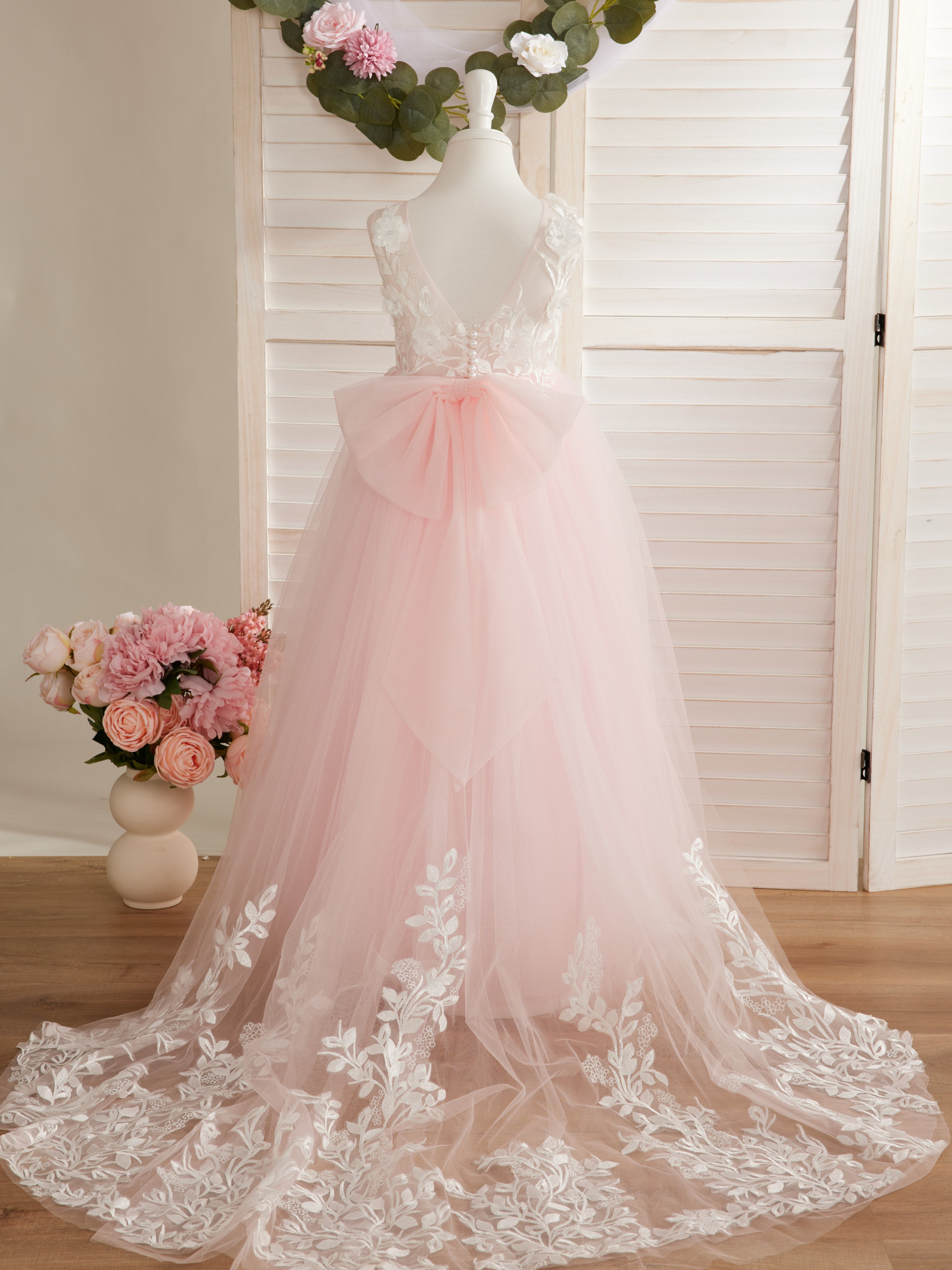 Vestido de niña de las flores sin mangas de encaje y tul con cuentas, estilo princesa de ensueño 