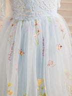 Vestido de niña de las flores color salvia con escote redondo, superficie de tela y tul (2003227581) 