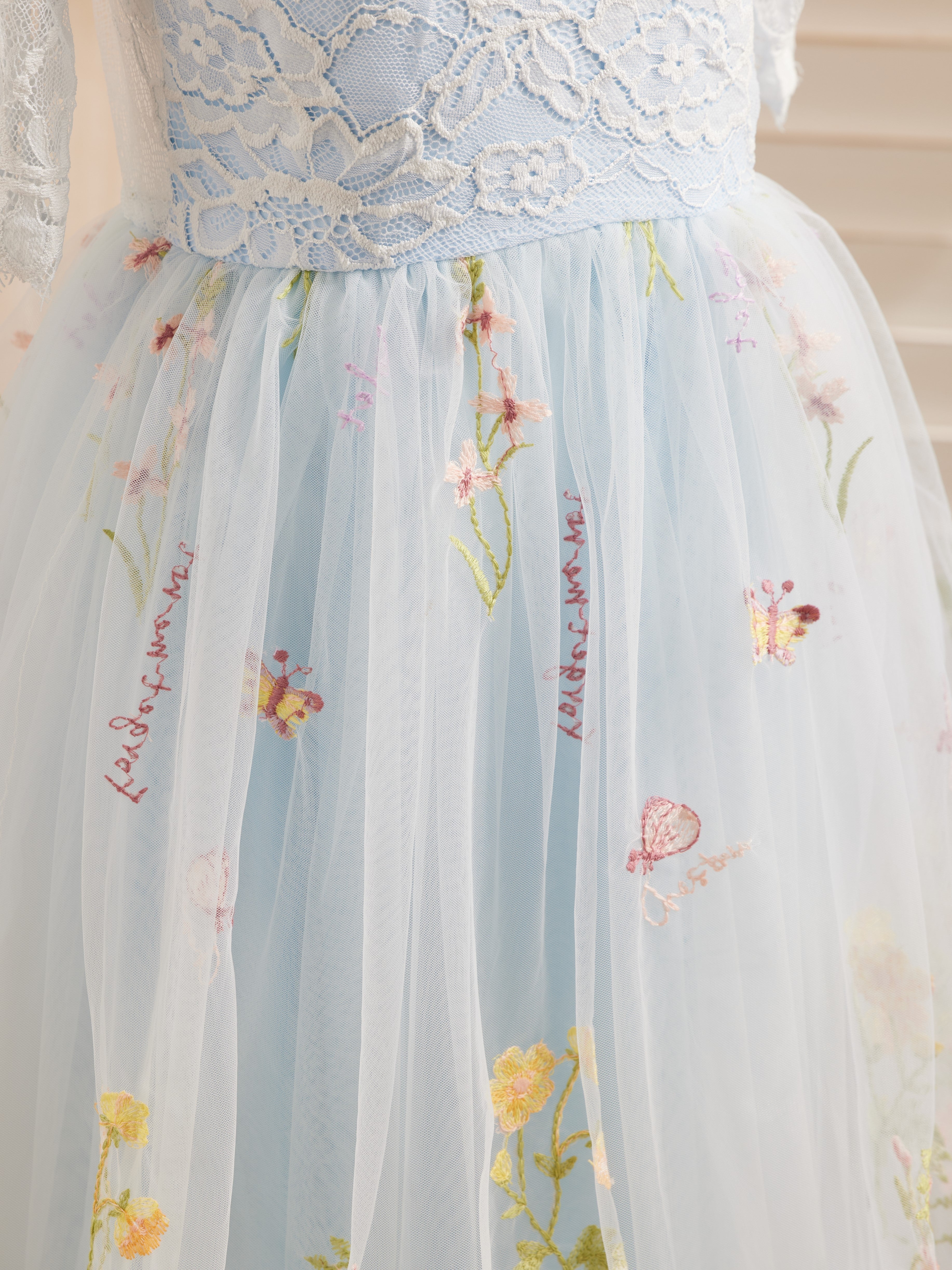 Vestido de niña de las flores color salvia con escote redondo, superficie de tela y tul (2003227581) 