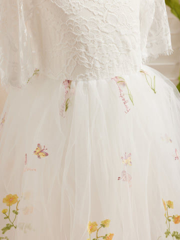 Vestido de niña de las flores color salvia con escote redondo, superficie de tela y tul (2003227581) 