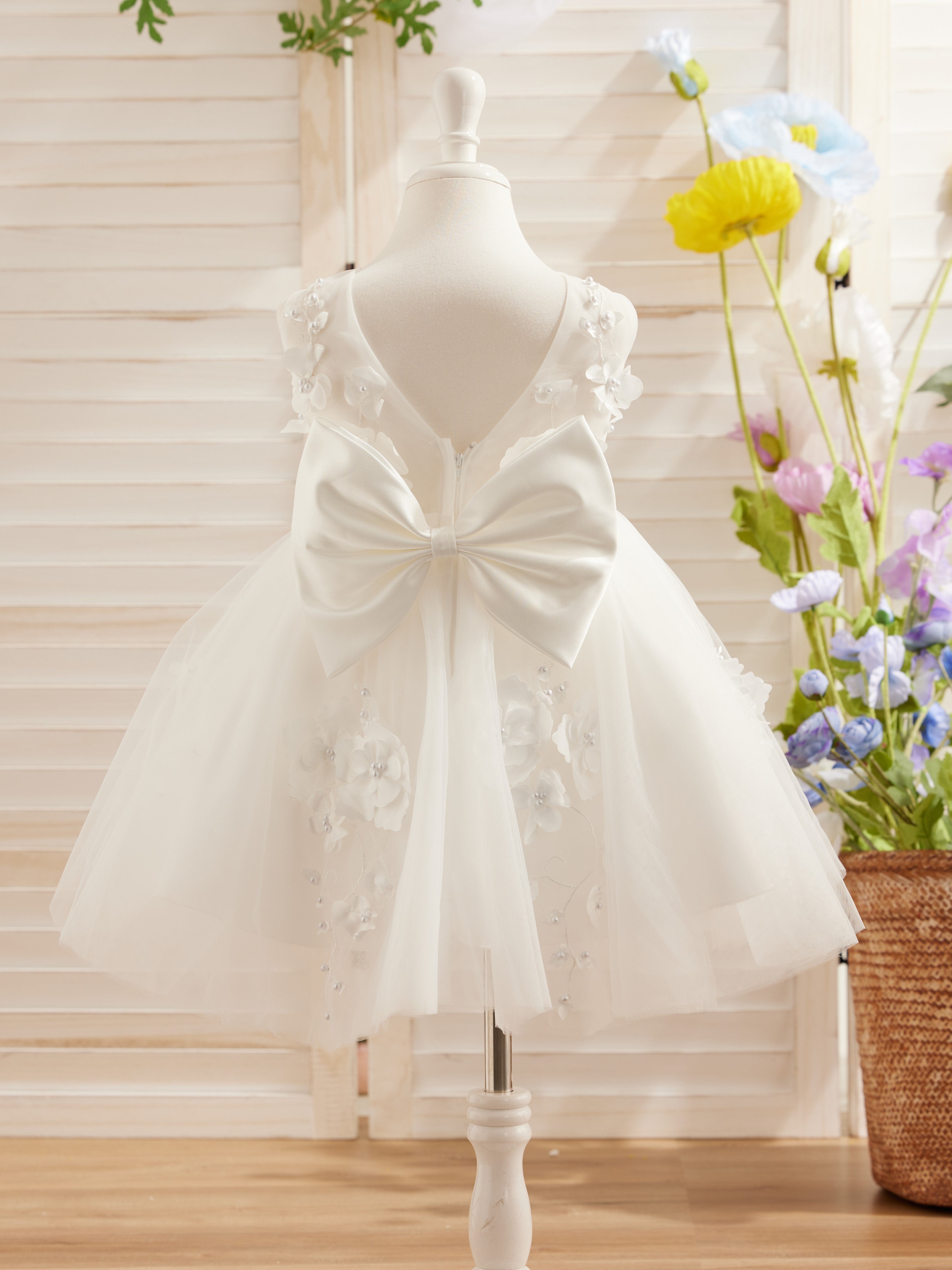 Vestido de niña de las flores sin mangas de tul hasta la rodilla 
