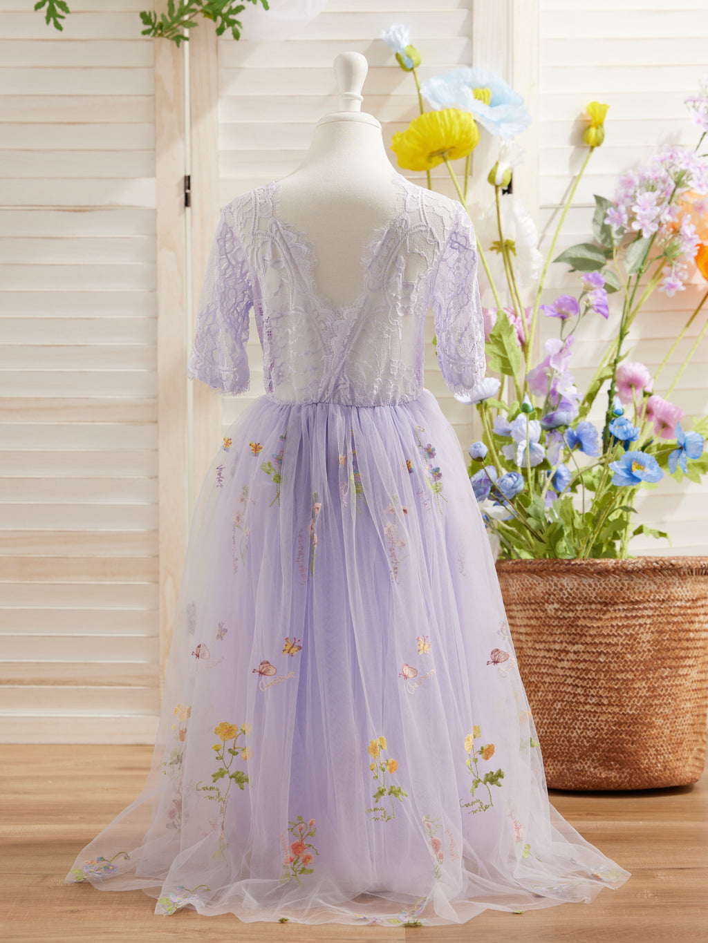 Vestido de niña de las flores color salvia con escote redondo, superficie de tela y tul (2003227581) 