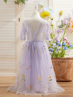 Vestido de niña de las flores color salvia con escote redondo, superficie de tela y tul (2003227581) 