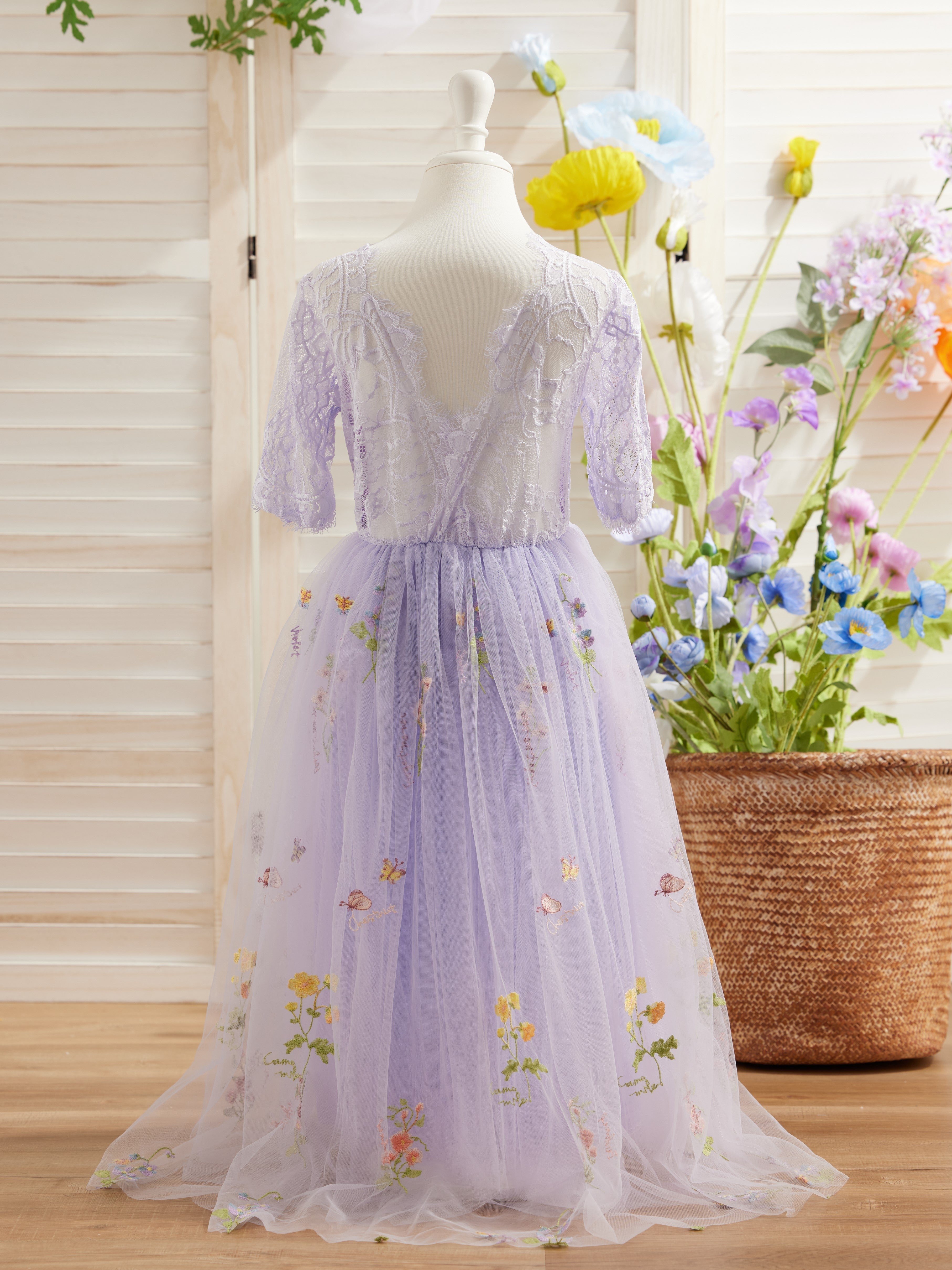 Vestido de niña de las flores color salvia con escote redondo, superficie de tela y tul (2003227581) 