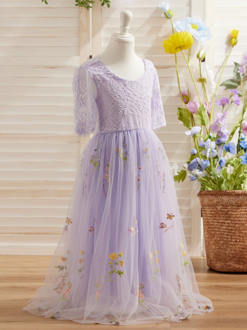 Vestido de niña de las flores color salvia con escote redondo, superficie de tela y tul (2003227581) 