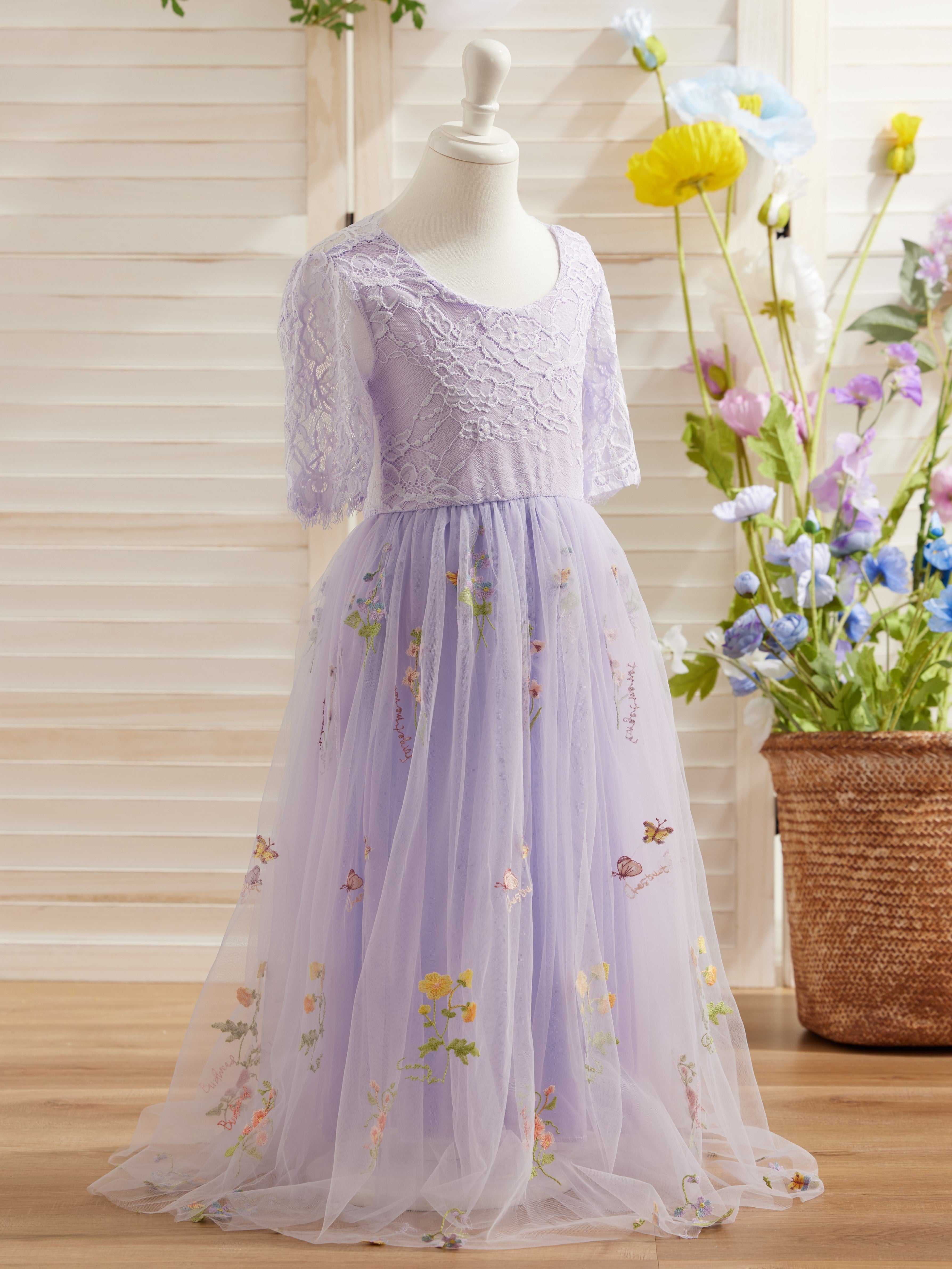 Vestido de niña de las flores color salvia con escote redondo, superficie de tela y tul (2003227581) 