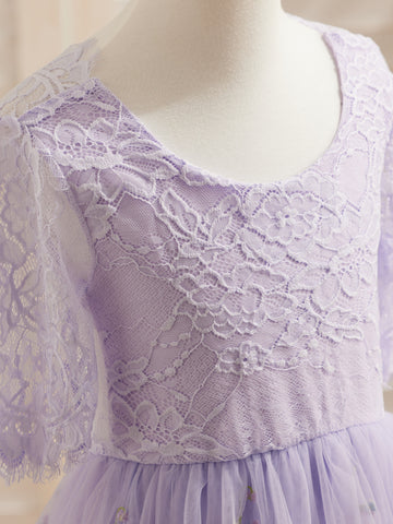 Vestido de niña de las flores color salvia con escote redondo, superficie de tela y tul (2003227581) 