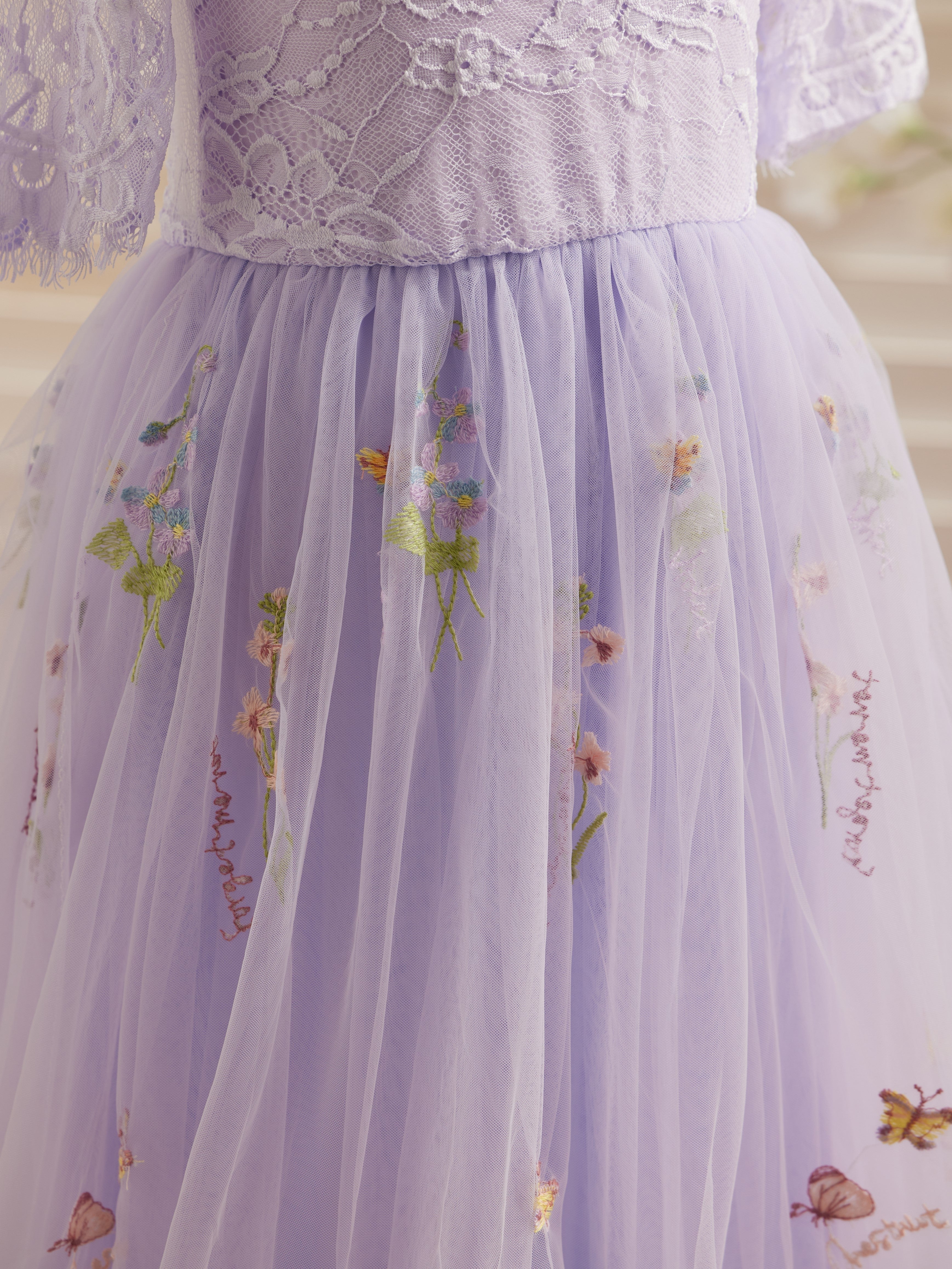 Vestido de niña de las flores color salvia con escote redondo, superficie de tela y tul (2003227581) 
