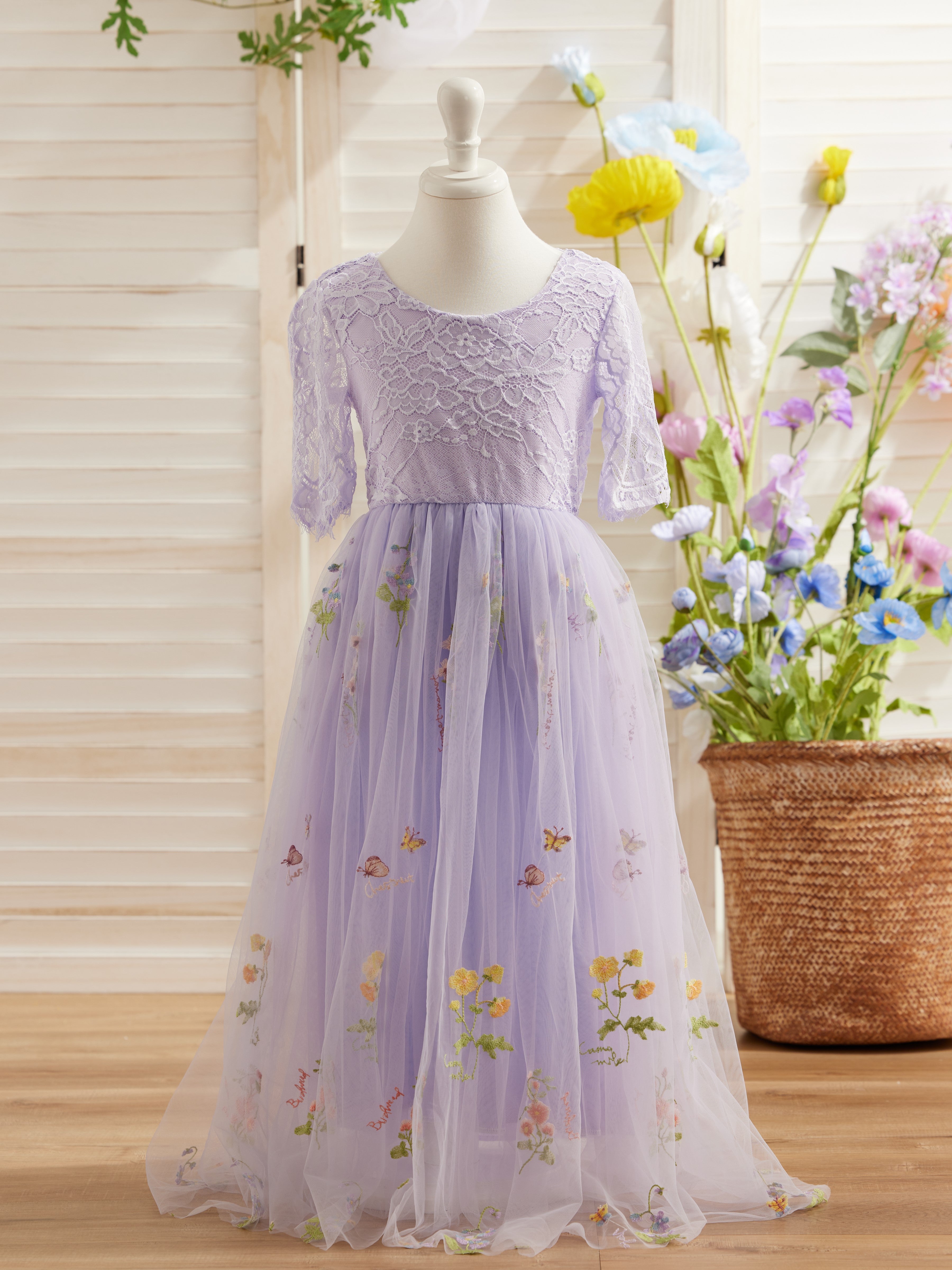 Vestido de niña de las flores color salvia con escote redondo, superficie de tela y tul (2003227581) 
