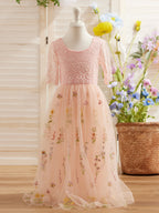 Vestido de niña de las flores color salvia con escote redondo, superficie de tela y tul (2003227581) 
