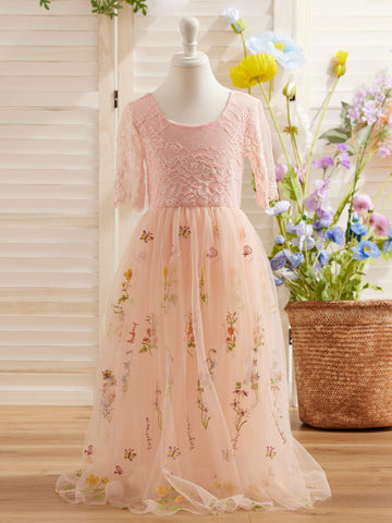 Vestido de niña de las flores color salvia con escote redondo, superficie de tela y tul (2003227581) 