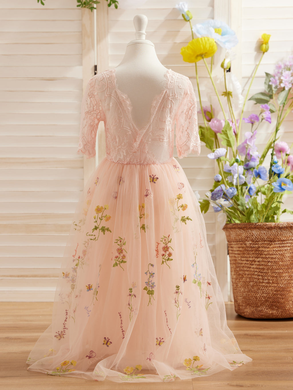 Vestido de niña de las flores color salvia con escote redondo, superficie de tela y tul (2003227581) 
