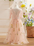 Vestido de niña de las flores color salvia con escote redondo, superficie de tela y tul (2003227581) 