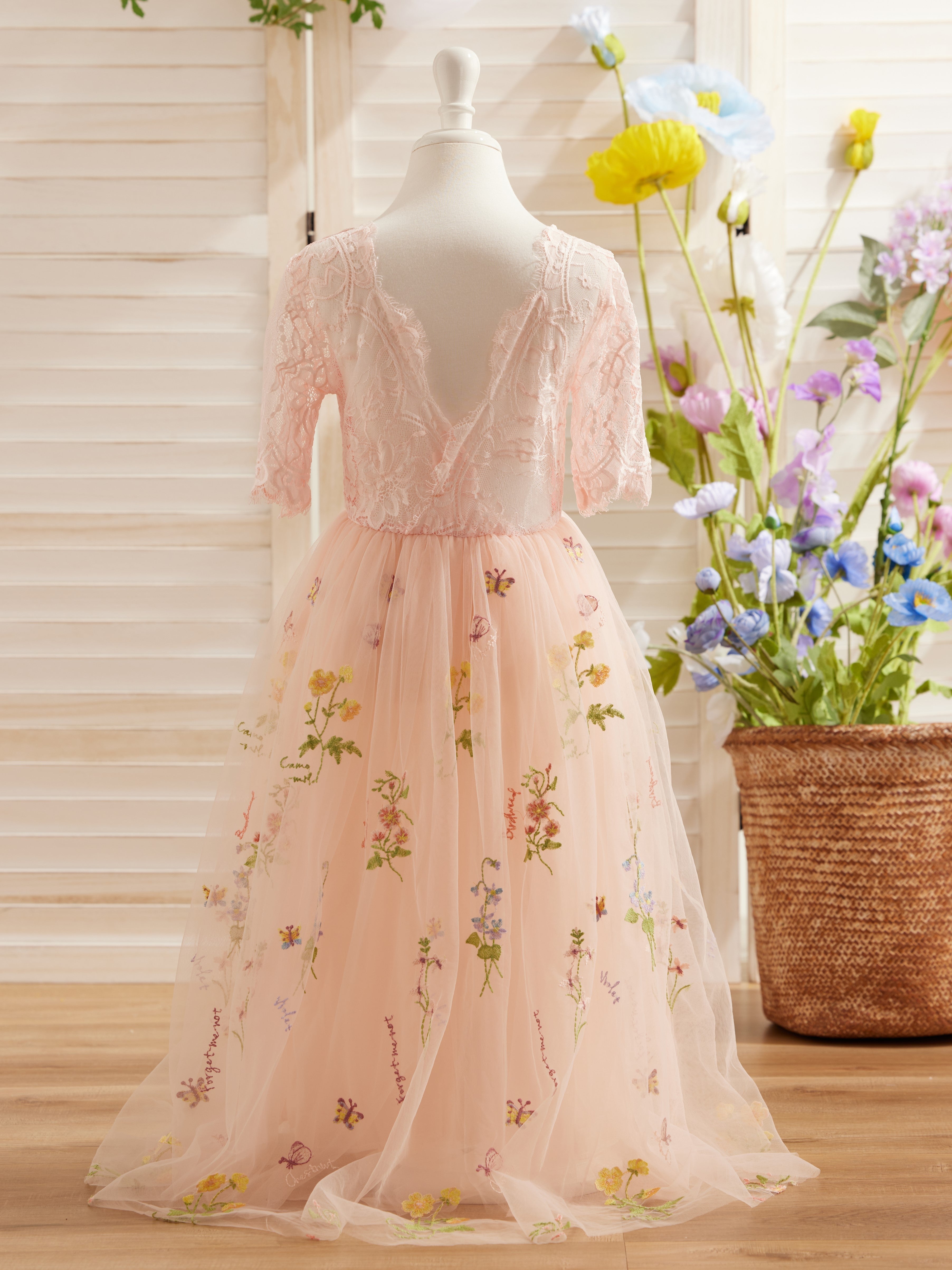 Vestido de niña de las flores color salvia con escote redondo, superficie de tela y tul (2003227581) 