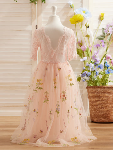 Vestido de niña de las flores color salvia con escote redondo, superficie de tela y tul (2003227581) 