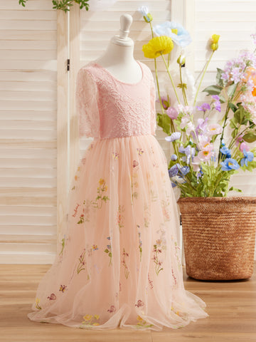 Vestido de niña de las flores color salvia con escote redondo, superficie de tela y tul (2003227581) 