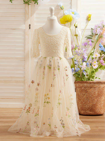 Vestido de niña de las flores color salvia con escote redondo, superficie de tela y tul (2003227581) 