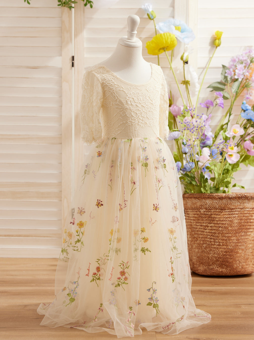 Vestido de niña de las flores color salvia con escote redondo, superficie de tela y tul (2003227581) 