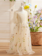 Vestido de niña de las flores color salvia con escote redondo, superficie de tela y tul (2003227581) 