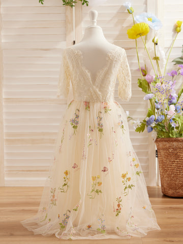 Vestido de niña de las flores color salvia con escote redondo, superficie de tela y tul (2003227581) 