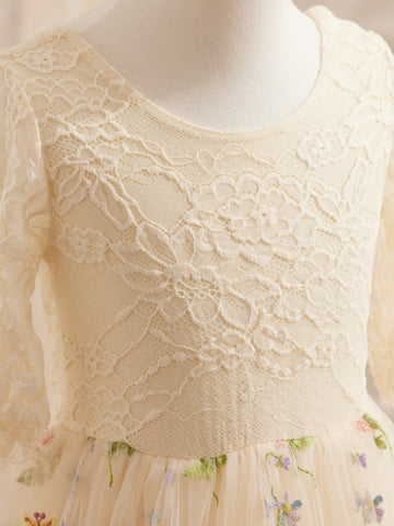 Vestido de niña de las flores color salvia con escote redondo, superficie de tela y tul (2003227581) 