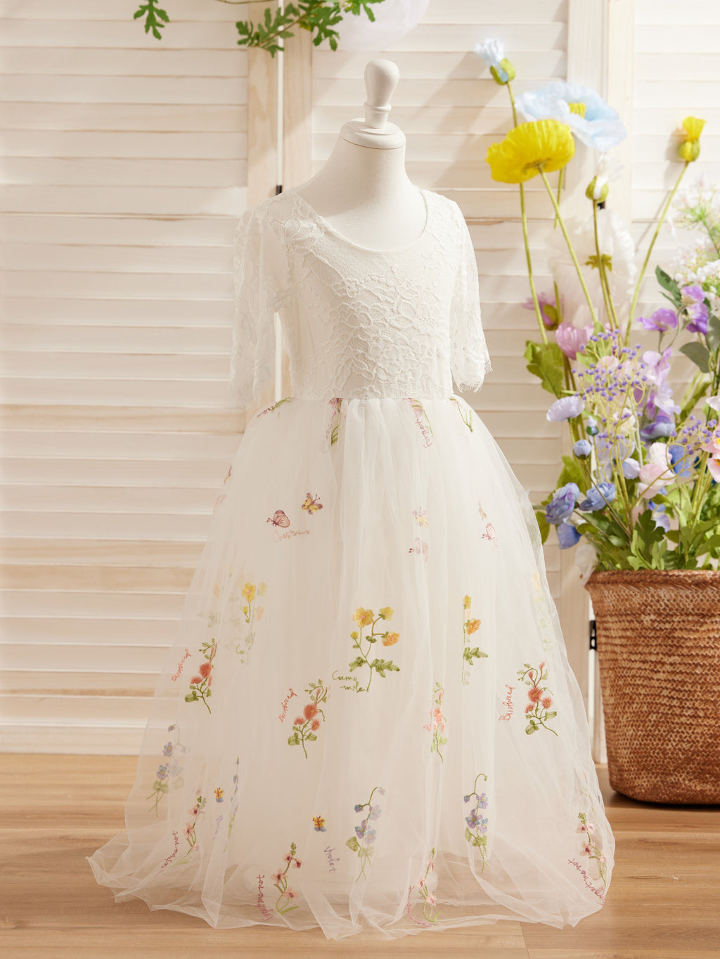 Vestido de niña de las flores color salvia con escote redondo, superficie de tela y tul (2003227581) 