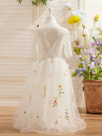 Vestido de niña de las flores color salvia con escote redondo, superficie de tela y tul (2003227581) 