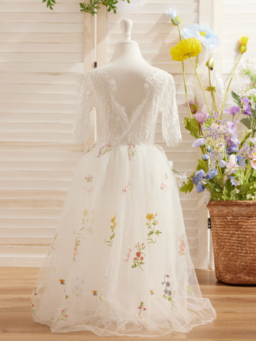 Vestido de niña de las flores color salvia con escote redondo, superficie de tela y tul (2003227581) 