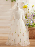 Vestido de niña de las flores color salvia con escote redondo, superficie de tela y tul (2003227581) 