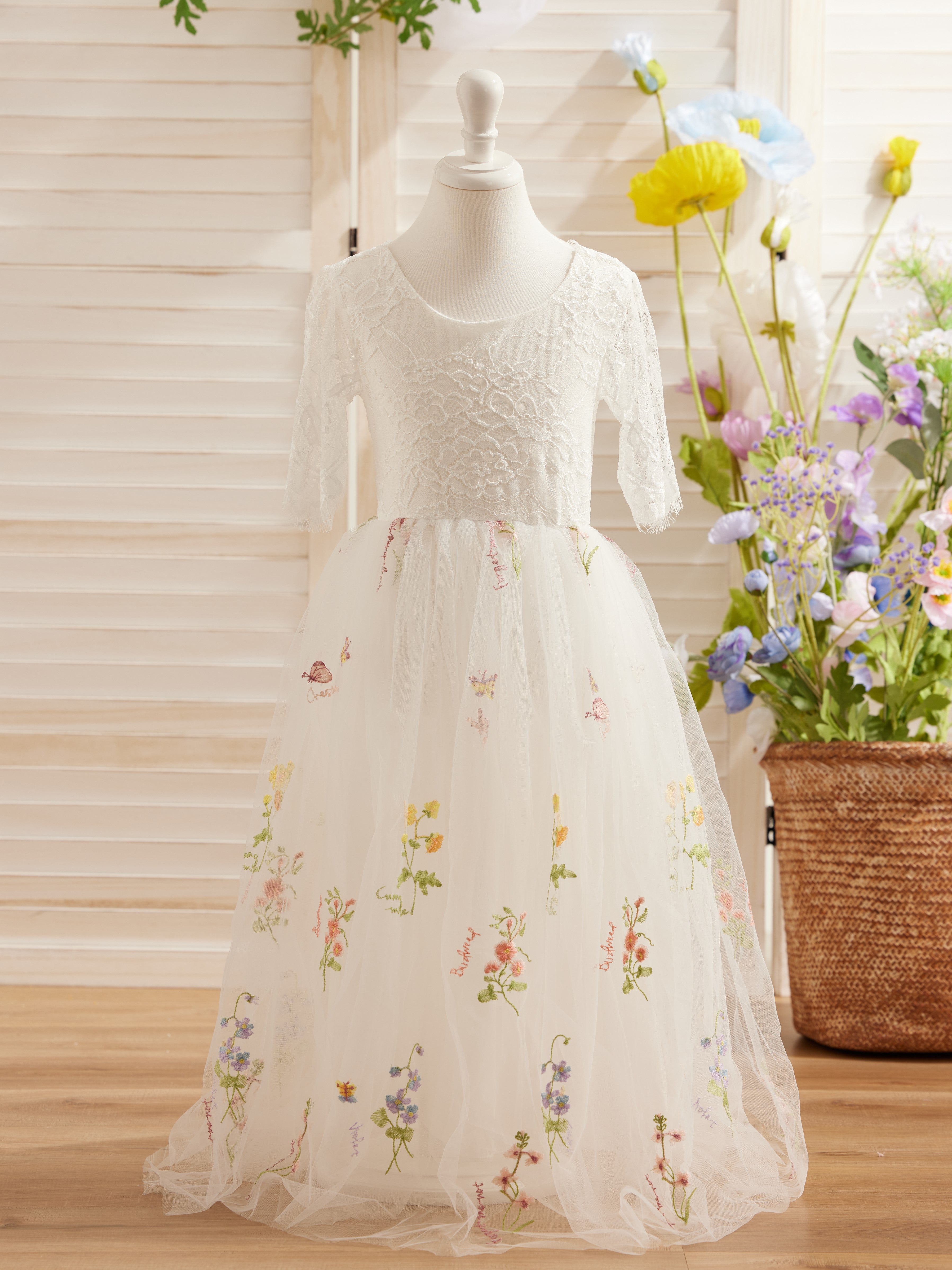 Vestido de niña de las flores color salvia con escote redondo, superficie de tela y tul (2003227581) 