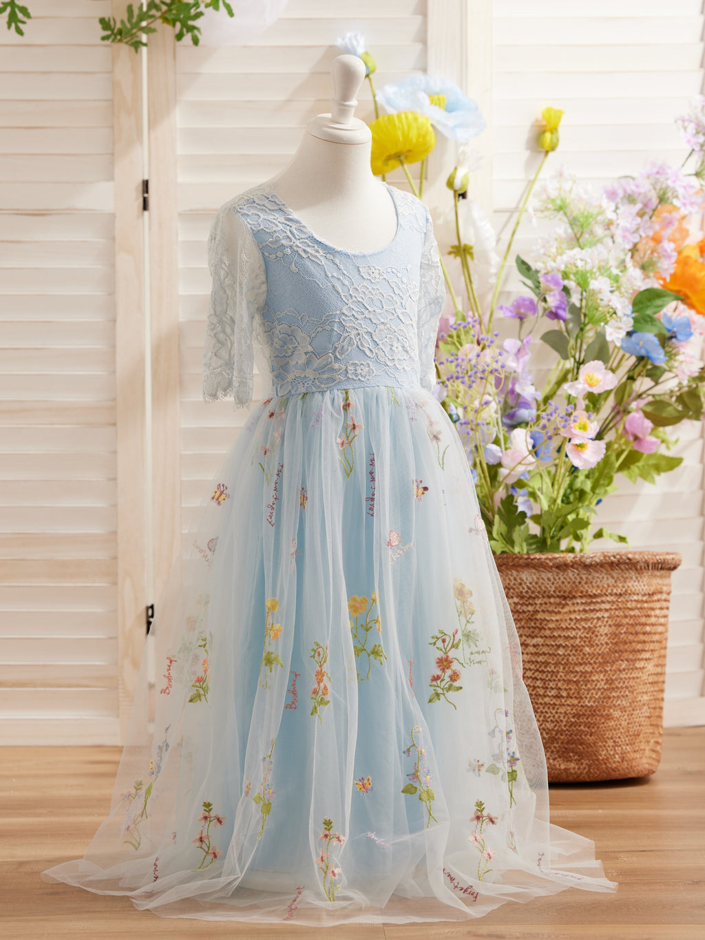 Vestido de niña de las flores color salvia con escote redondo, superficie de tela y tul (2003227581) 