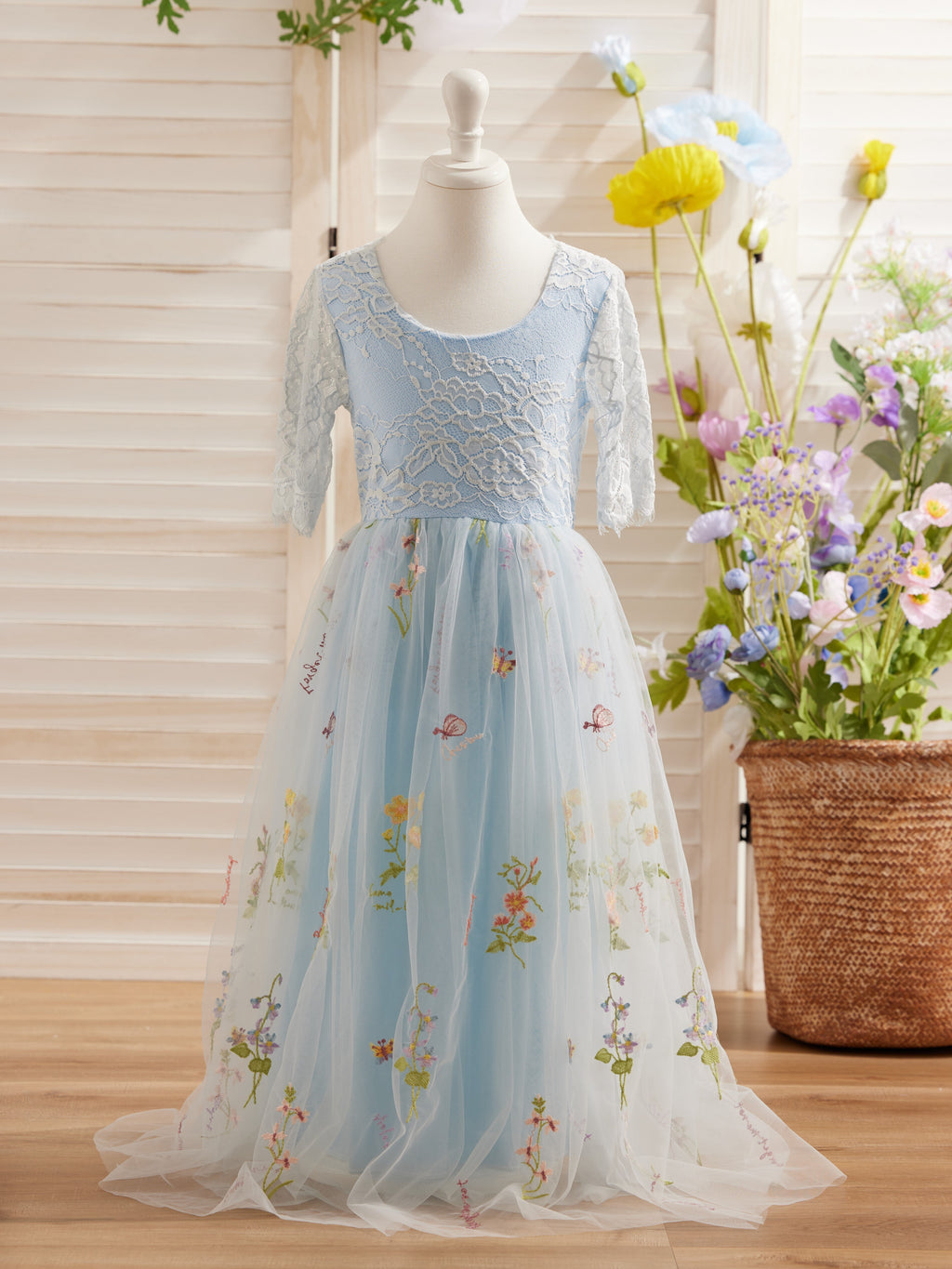 Vestido de niña de las flores color salvia con escote redondo, superficie de tela y tul (2003227581) 
