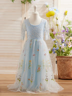 Vestido de niña de las flores color salvia con escote redondo, superficie de tela y tul (2003227581) 