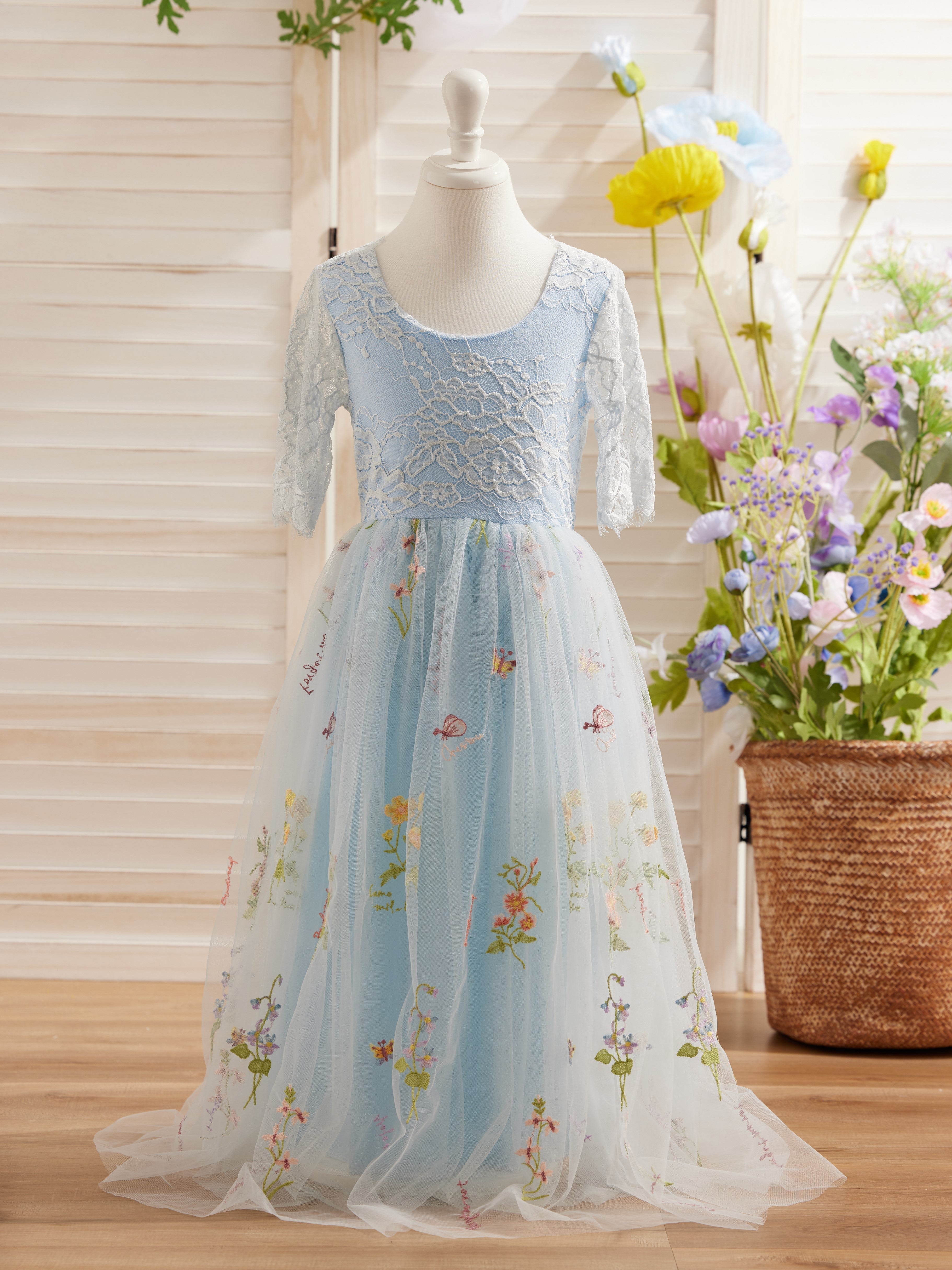 Vestido de niña de las flores color salvia con escote redondo, superficie de tela y tul (2003227581) 