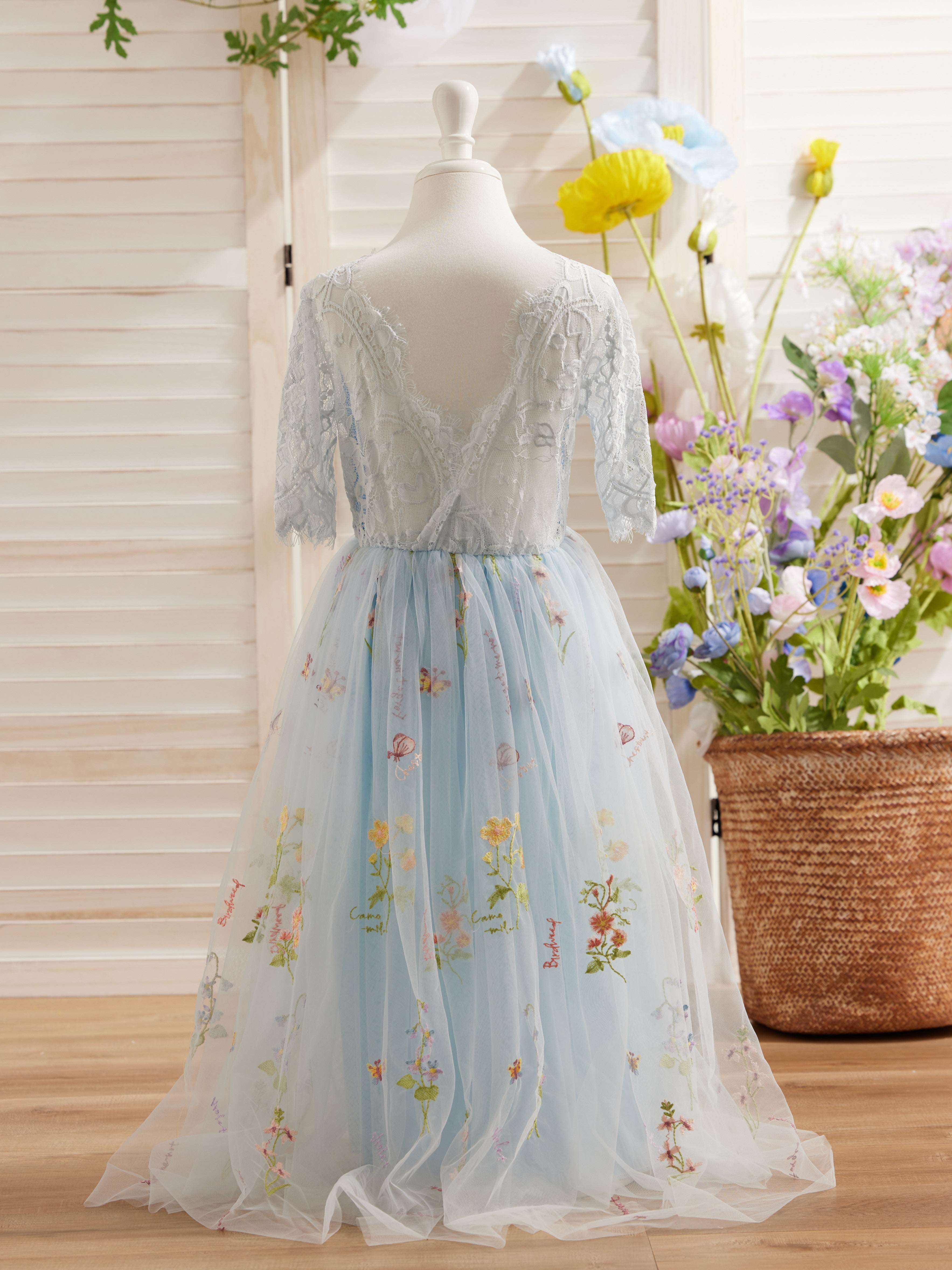 Vestido de niña de las flores color salvia con escote redondo, superficie de tela y tul (2003227581) 