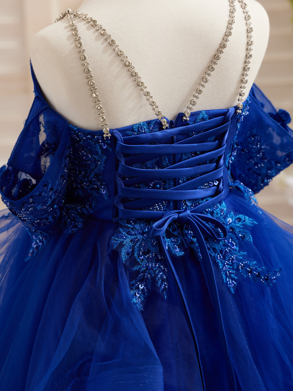 Vestido de princesa de tul con apliques florales y pedrería para niñas 